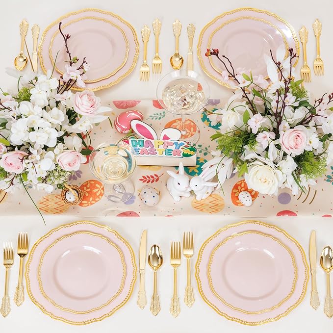 Hioasis 60pcs Pink Plastic Plates - Pink and Gold Disposable Dinnerware with Gold Rim, Heavy-duty, 10.25 inch, Dinner Plates for Party & Wedding