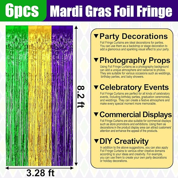 6 Pack Gold Green Purple Foil Fringe Curtain Backdrop, 3.28Ft x 8.2Ft Metallic Tinsel Foil Fringe Streamer Curtains for Photo Booth, Birthday, Wedding, New Year Party Decorations