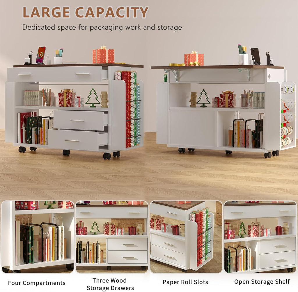 Wrapping Paper Storage Cart with Foldable Drop Leaf, Crafting Table with Power Outlets, Wrapping Paper Organizer with Ribbon & Gift Bag Storage, Rolling Gift Wrap Storage Station