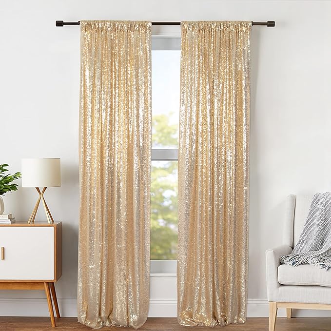 ShinyBeauty Gold Sequin Backdrop Panels 2FTx8FT Sparkly Light Gold Drapes Glitter Photo Booth Backdrop Happy Birthday Graduation(2FTx8FT)