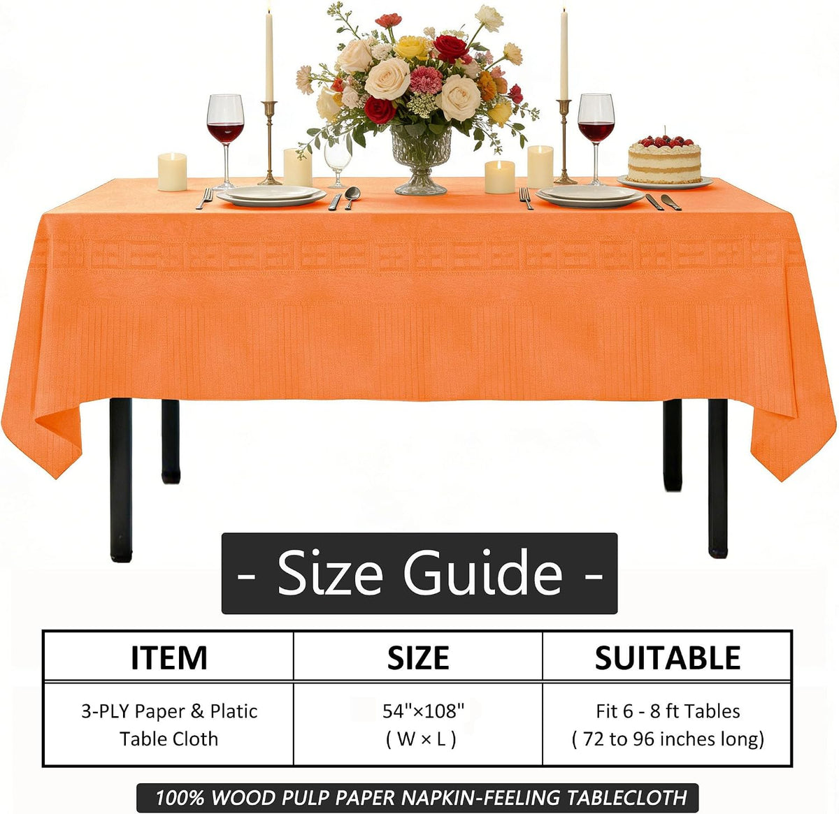 Orange Paper Tablecloths for Rectangle Tables 6 Pcs, 54"×108", Wate...