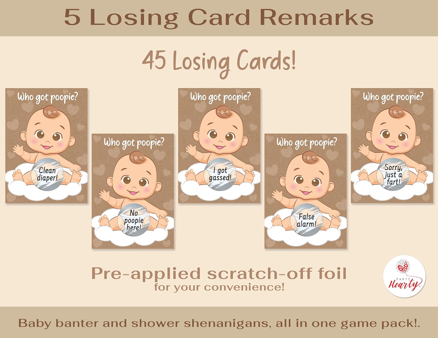 Party Hearty Baby Shower Scratch-Off Game, Poopie Emoji Cards - Kraft Boy | 50 Cards, Hilarious and Engaging, Baby Shower Activity