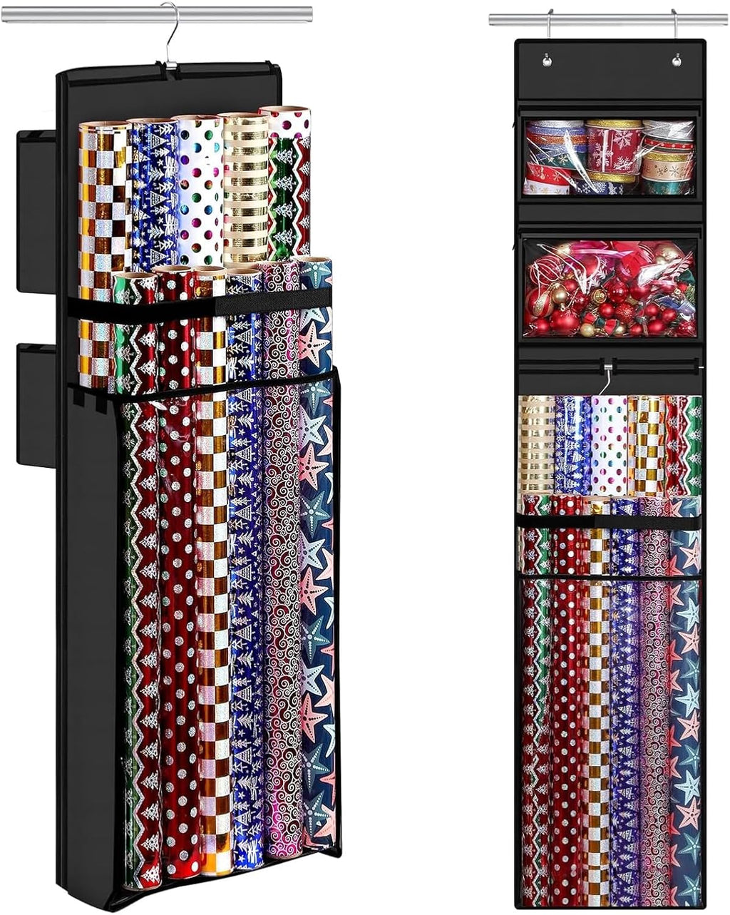 Woodoulogy Wrapping Paper Organizer Storage, Double-Sided Hanging Gift Wrap Roll Holder for Christmas, 63"x13" Over Door Present Bag Container for Room Closet, Black Wrapper Station for Birthday