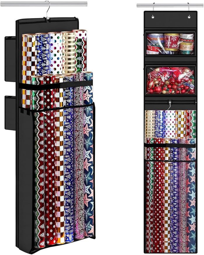 Woodoulogy Wrapping Paper Organizer Storage, Double-Sided Hanging Gift Wrap Roll Holder for Christmas, 63"x13" Over Door Present Bag Container for Room Closet, Black Wrapper Station for Birthday