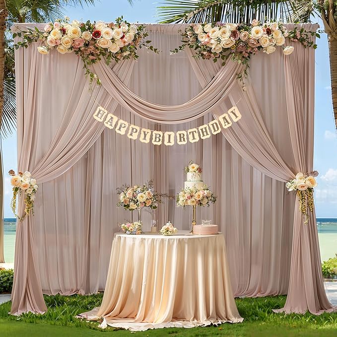 10ft x 10ft Taupe Backdrop Curtain Drapes, Wrinkle-Free Sheer Chiffon Fabric Photo Backdrop Panels for Wedding Arch Party Ceremony Stage Photo Backgrounds