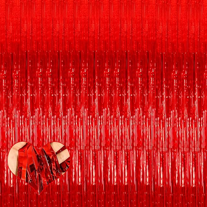 4 Pack Red Fringe Curtain Backdrop, 3.2Ft x 6.6Ft Metallic Tinsel Foil Fringe Streamers Curtains Background for Photo Booth Birthday Wedding Baby Shower Party Thanksgiving Christmas Decorations