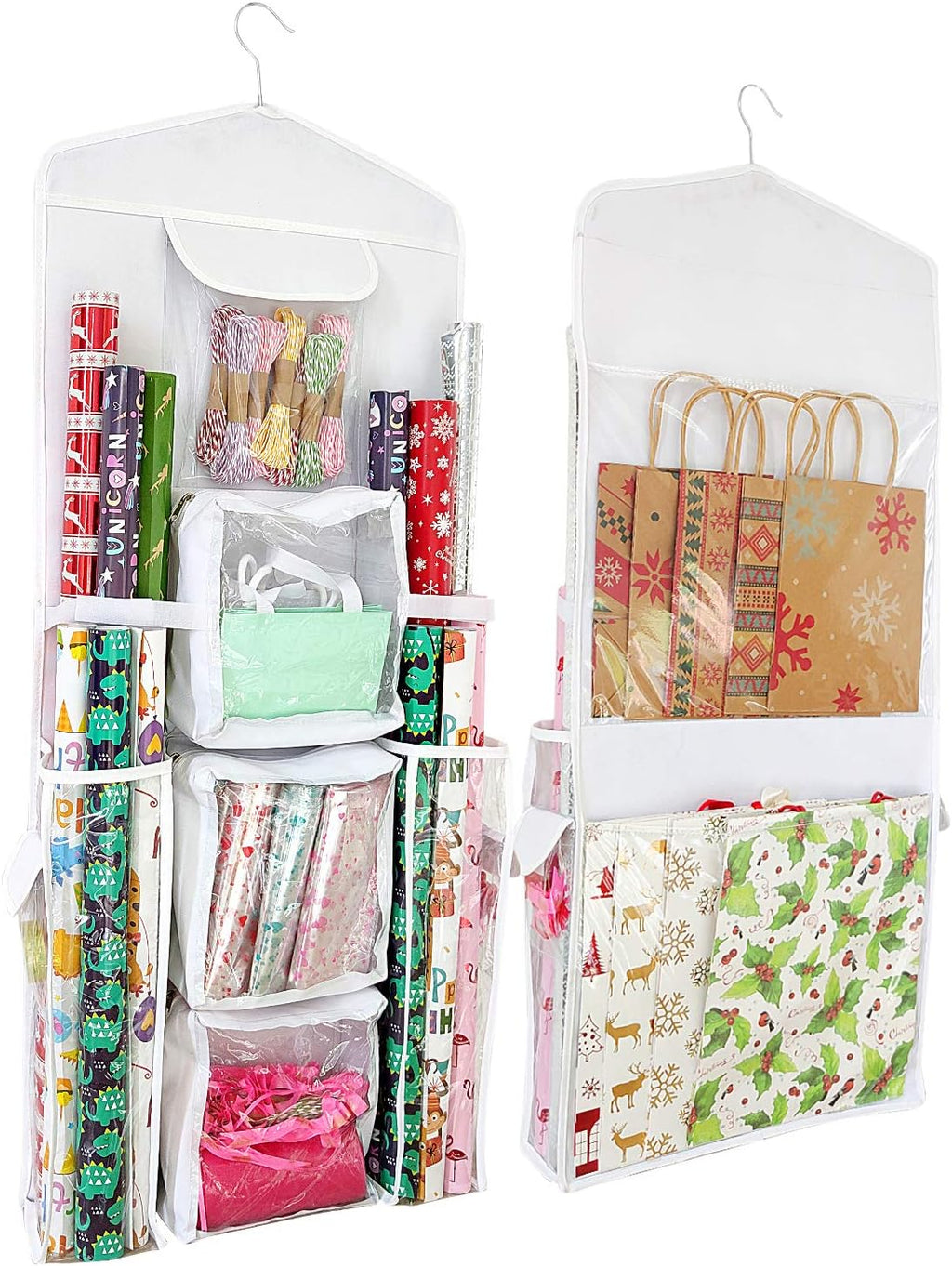SumDirect Double-Sided Gift Wrap Organizer - White Hanging Wrapping Paper Gift Bag Storage Holder Pockets