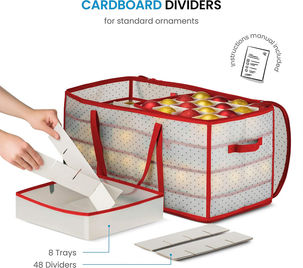 ZOBER Christmas Ornament Storage Box - Stores 128 Ornaments W/ 2 Sided Zipper - Flexible Plastic Christmas Ornament Storage Containers - 3 Inch Cube Compartments - Red