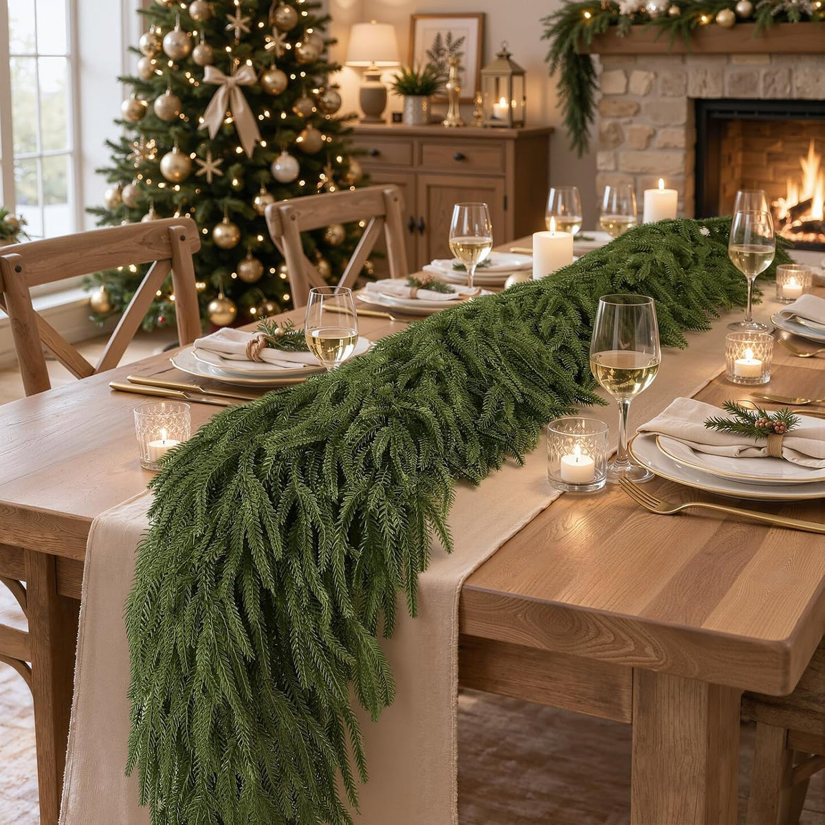 9ft christmas norfolk pine garland, real touch soft, close-up detail