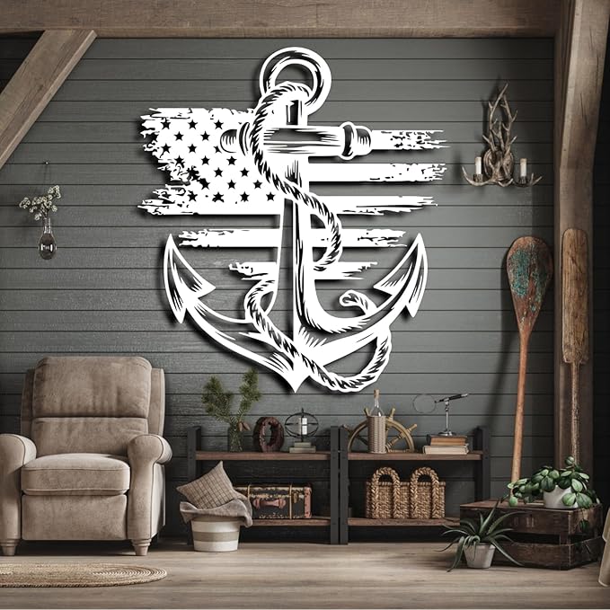 lunwall Metal Anchor Wall Decor, Anchor Metal Sign, Metal Anchor Decor, Anchor Metal Wall Art, Metal Nautical Wall Decor, Metal Wall Decor Coastal, Anchor Wall Decor (white, 47L x 43W / 120 x 109 cm)