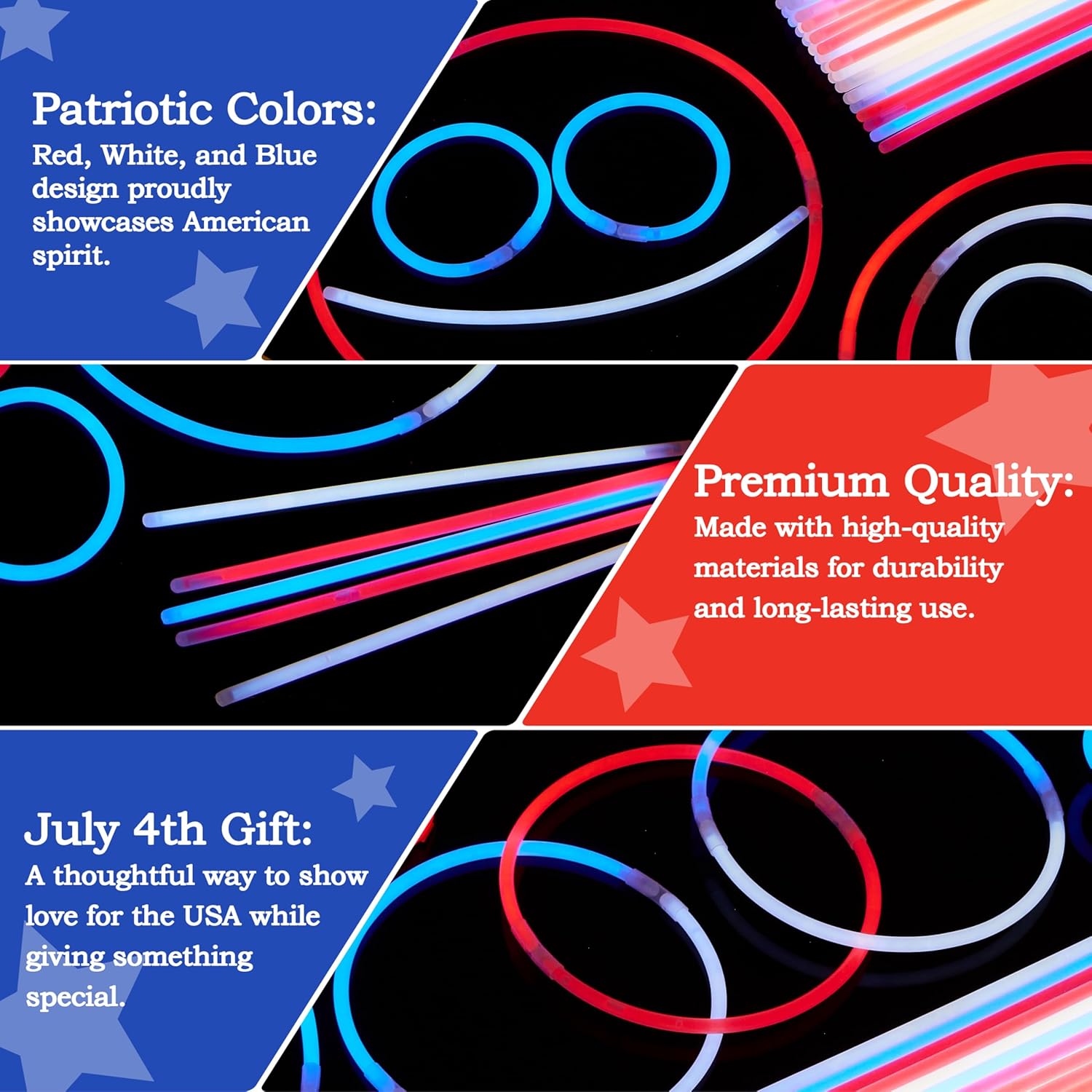 JOYIN 72 Pcs 4th of July Glow Sticks with connectors, Red White Blue Glow in the Dark Bracelets for Kids Adults, Patriotic LED Light Up Toys for Independence Day, Memorial Day, Party Favors