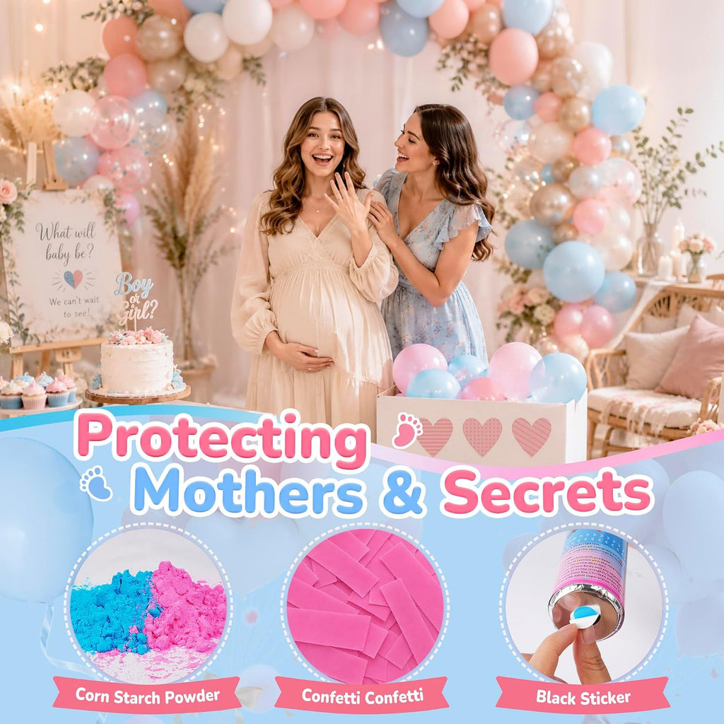 GAILROSO Gender Reveal Confetti Cannon,Corn Powder Party Poppers 4pack | 12 inch 2 blue 2 pink Biodegradable poppers with safety net,shoots 20-25ft,easy use for Baby Shower,Gender Reveal Party