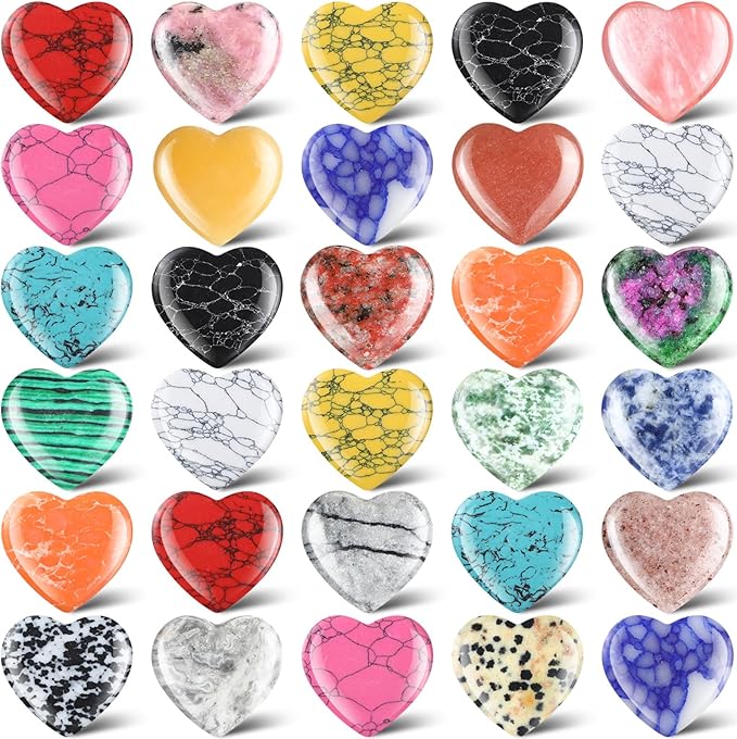 Nuenen 30 Pcs Heart Shape Crystals Bulk 1. 57 Inch Gemstone Heart Stones Worry Stone Rocks Quartz Love Pocket Palm Hearts Bulk for Mother's Day Stress Relief Gift (Fresh Color)