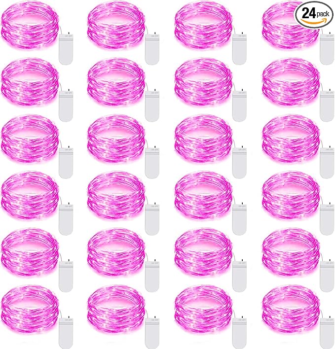 24 Pack LED Fairy Lights Battery Operated 7Ft 20Led Mini String Lights Waterproof Christmas for Mason Jars Bedroom DIY Party Wedding Christmas Decor Pink