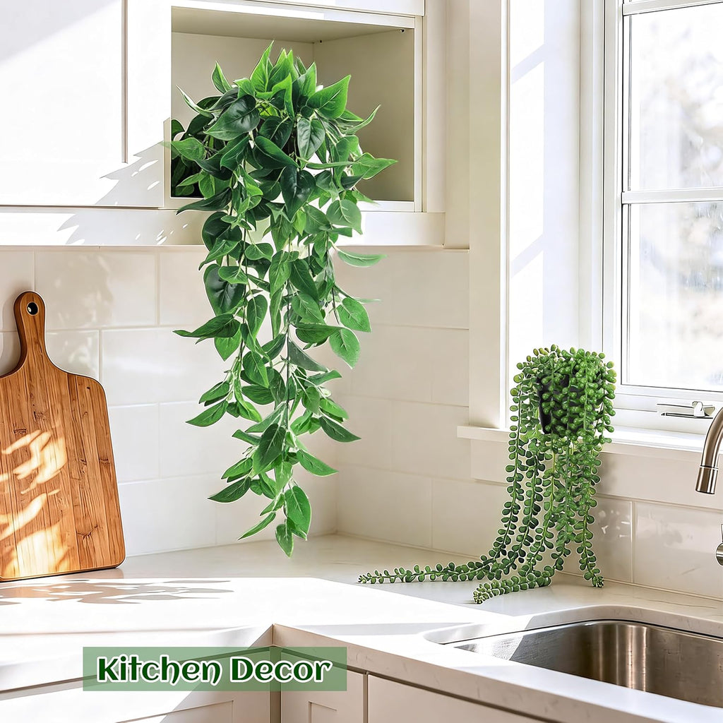 Der Rose 4Pcs Fake Plants Hanging Artificial Ivy Vine Faux Eucalyptus Hanging Plants, Boston Fern, String of Pearls for Living Room Aesthetic Bedroom Boho Kitchen Wall Shelf Indoor Outdoor Decor