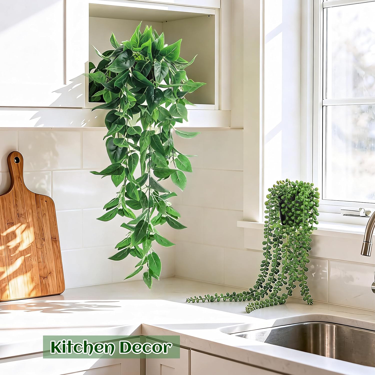 Der Rose 4Pcs Fake Plants Hanging Artificial Ivy Vine Faux Eucalyptus Hanging Plants, Boston Fern, String of Pearls for Living Room Aesthetic Bedroom Boho Kitchen Wall Shelf Indoor Outdoor Decor