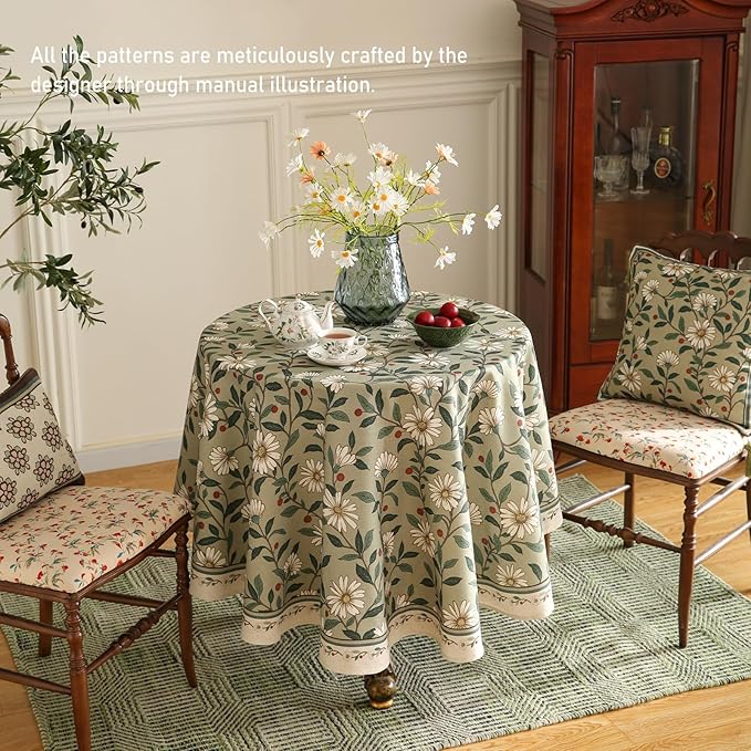 ISAENNE Designer Green Linen Round Tablecloth,Floral French Country Indoor Table Cloth,Stain Resistant Home Decor Tablecloths for Dining Kitchen Thanksgiving Christmas Party,67"*67"-Brune