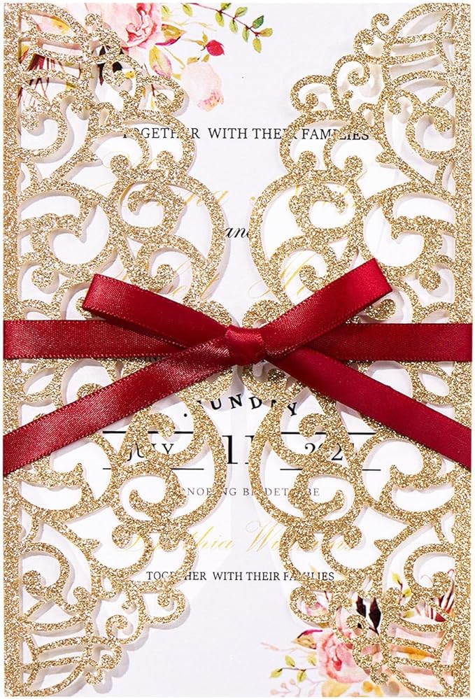 25pcs Personalized Wedding Invitations with Envelopes and RSVP Cards Blank Rose Gold 5×7 Glitter Laser Cut Invitation Pockets for Wedding Engagement Bridal Shower Birthday Quinceañera Anniversary