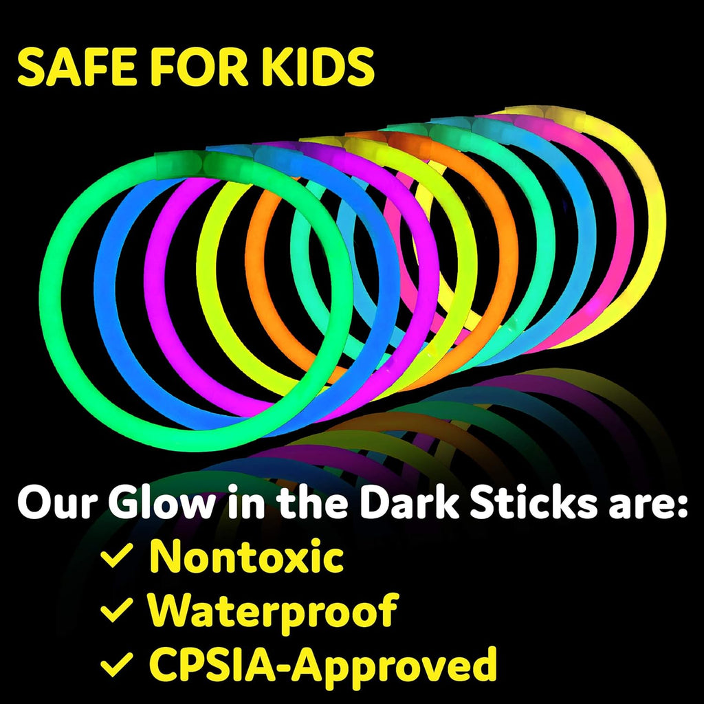 PartySticks Glow Sticks Party Supplies 100pk - 8 Inch Glow in the Dark Light Up Sticks Party Favors, Glow Party Decorations, Neon Party Glow Necklaces and Glow Bracelets with Connectors