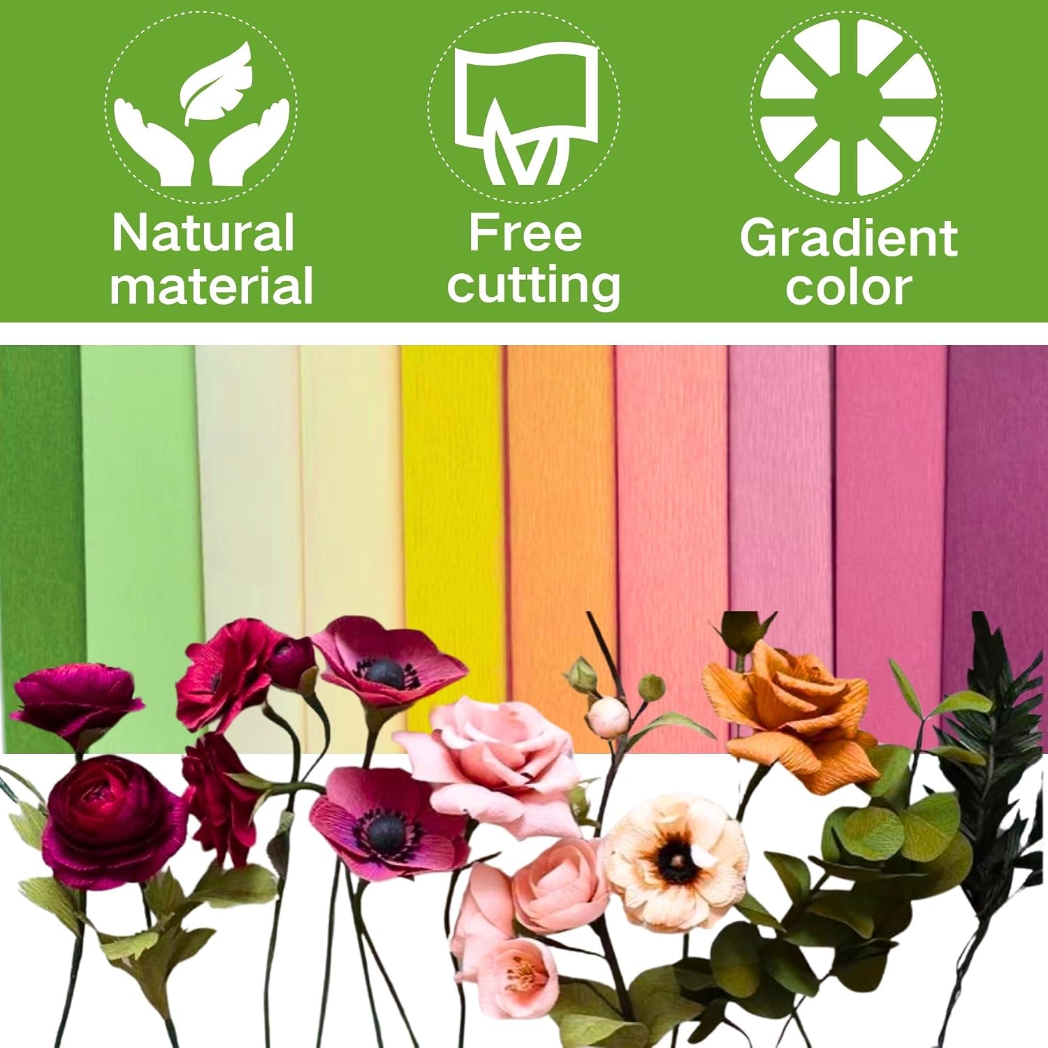 Crepe Paper Set of 6 Colourful, 6 Rolls 25 x 200 cm Crepe Paper Gradient Green with 15 Floral Wire, Florist Tape, Double-Sided Tape, Ruler, Sewing Thread, Crepe Paper Flowers Crafts (Green Series)