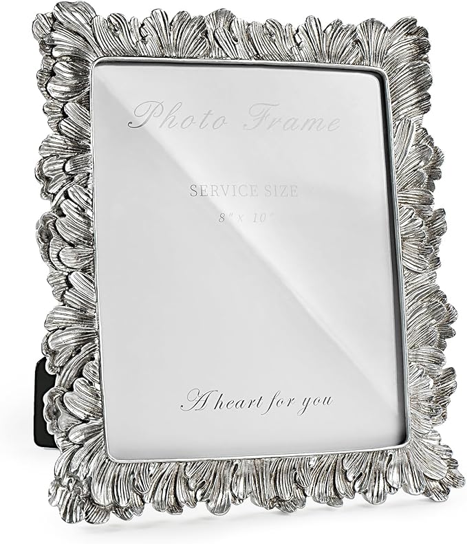 Cuspin 8x10 Picture Frame Silver, Vintage Silver Palm Leaves Textured Hand-Crafted Resin with Glass Front, Elegant Retro Design Photo Frame for Wall and Tabletop Display Home Decor