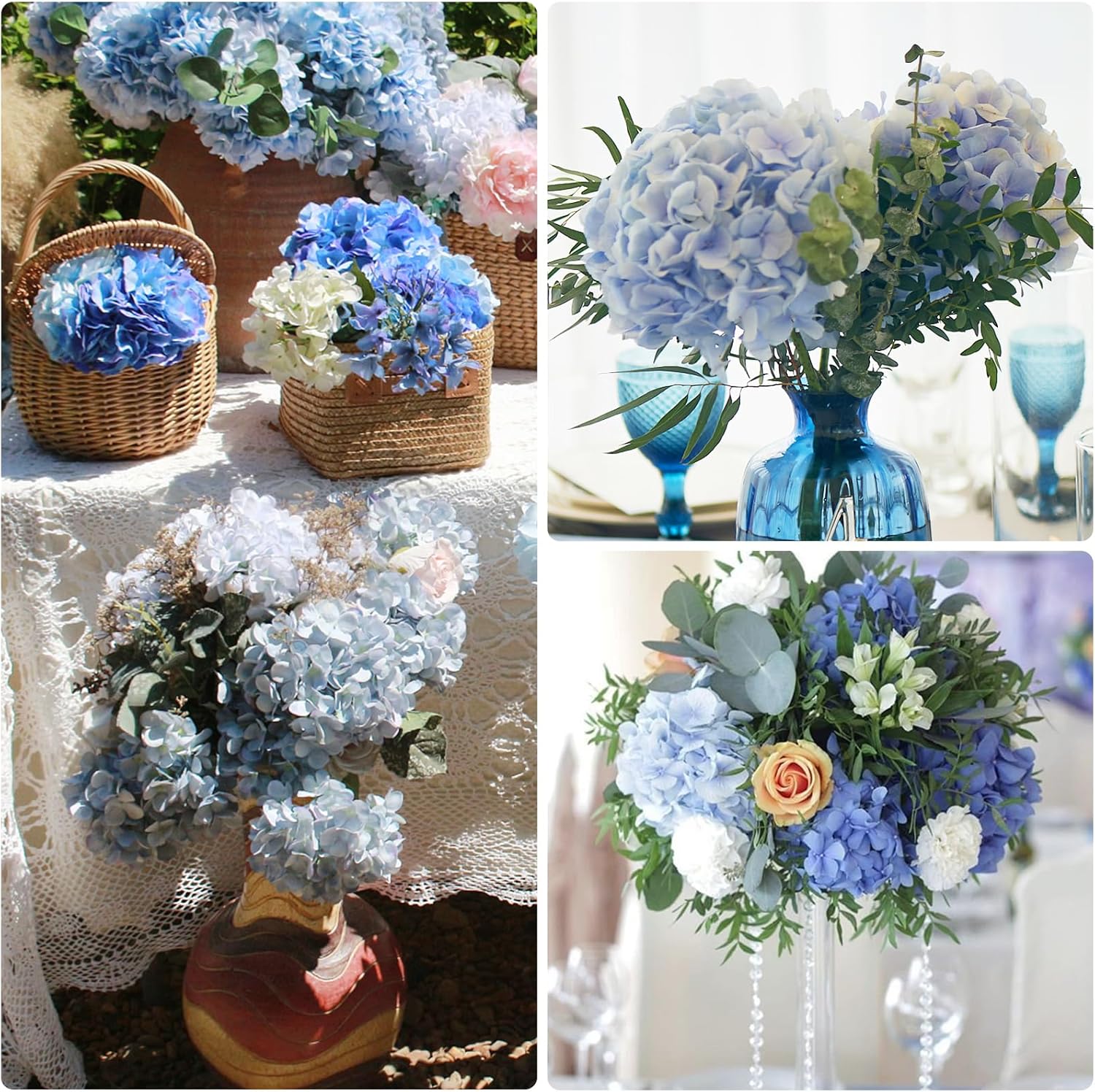 MARTINE MALL 3Pcs 21in Hydrangea Artificial Flowers, Latex Real Touch Hydrangeas Lifelike Large Hydrangea Flowers for Home Decor Party Arrangements Wedding Bouquets Centerpieces (Blue)