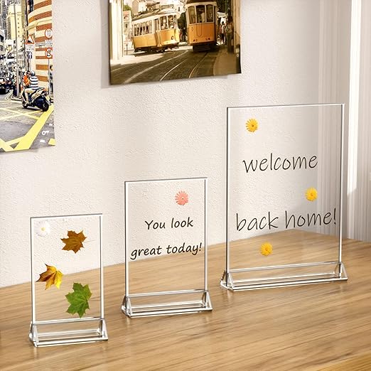 NIUBEE 6Pack 8.5x11 Clear Acrylic Sign Holder with Sliver Borders and Vertical Stand, Double Sided Table Menu Holders Picture Frames for Wedding Table Numbers, Photos