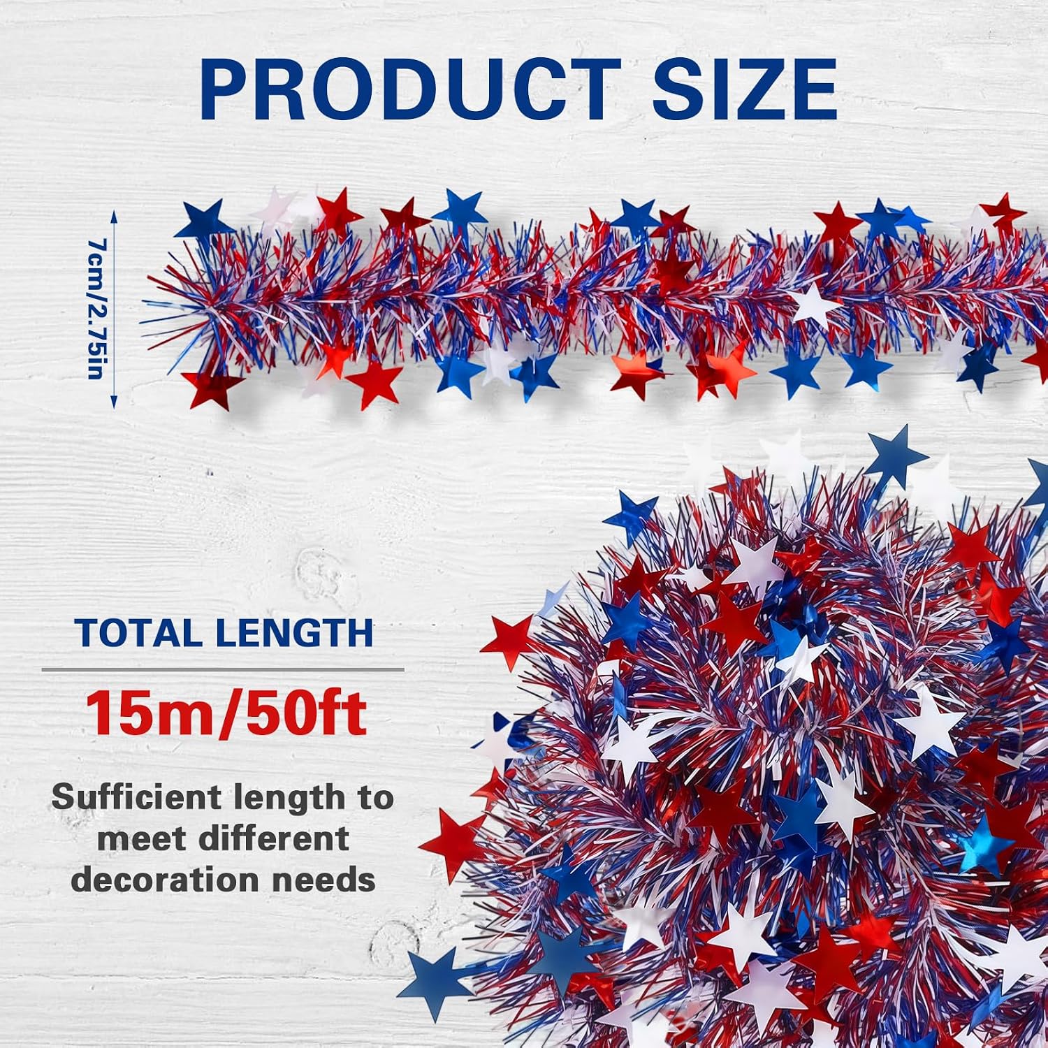 50 Ft Patriotic Glitter Tinsel Garland Decoration,4th of July Garland Decor for Car Tree Golf Cart Parade Float Bike,Independence Day Memorial Day Home Holiday Party Decor,Red White Blue