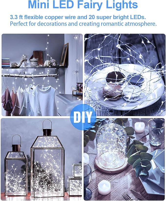 20 Pack Fairy Lights Battery Operated 3.3ft 20 LED Mini String Twinkle Copper Wire Firefly Starry for Mason Jars Wedding Party Christmas Centerpiece Table Decorations, Cool White
