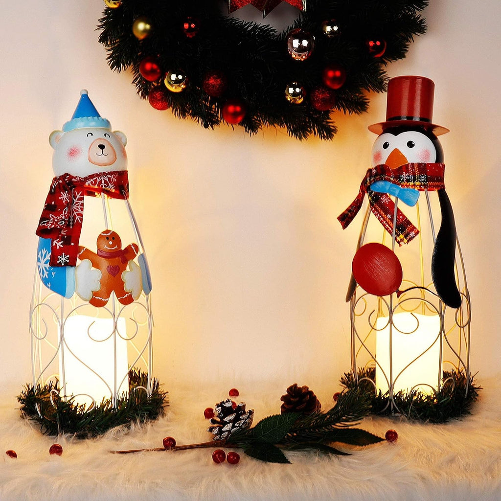 Lulu Home Christmas LED Candle Lanterns, 2 Pack 14.6 Inch Penguin Polar Bear with Battery Operated Candle Lights, Light Up Christmas Tabletop Decorations