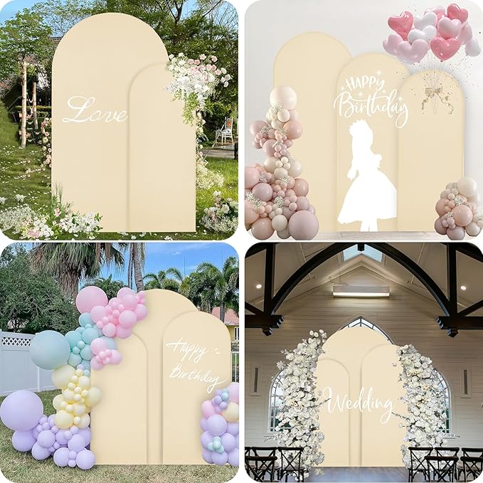 WEERRW Beige Arch Backdrop Cover Set of 2 Spandex Fitted Round Top Chiara Backdrop Stand Stretchy Wedding Covering for Event Birthday Party Banquet Decoration (6FT, 7.2FT)