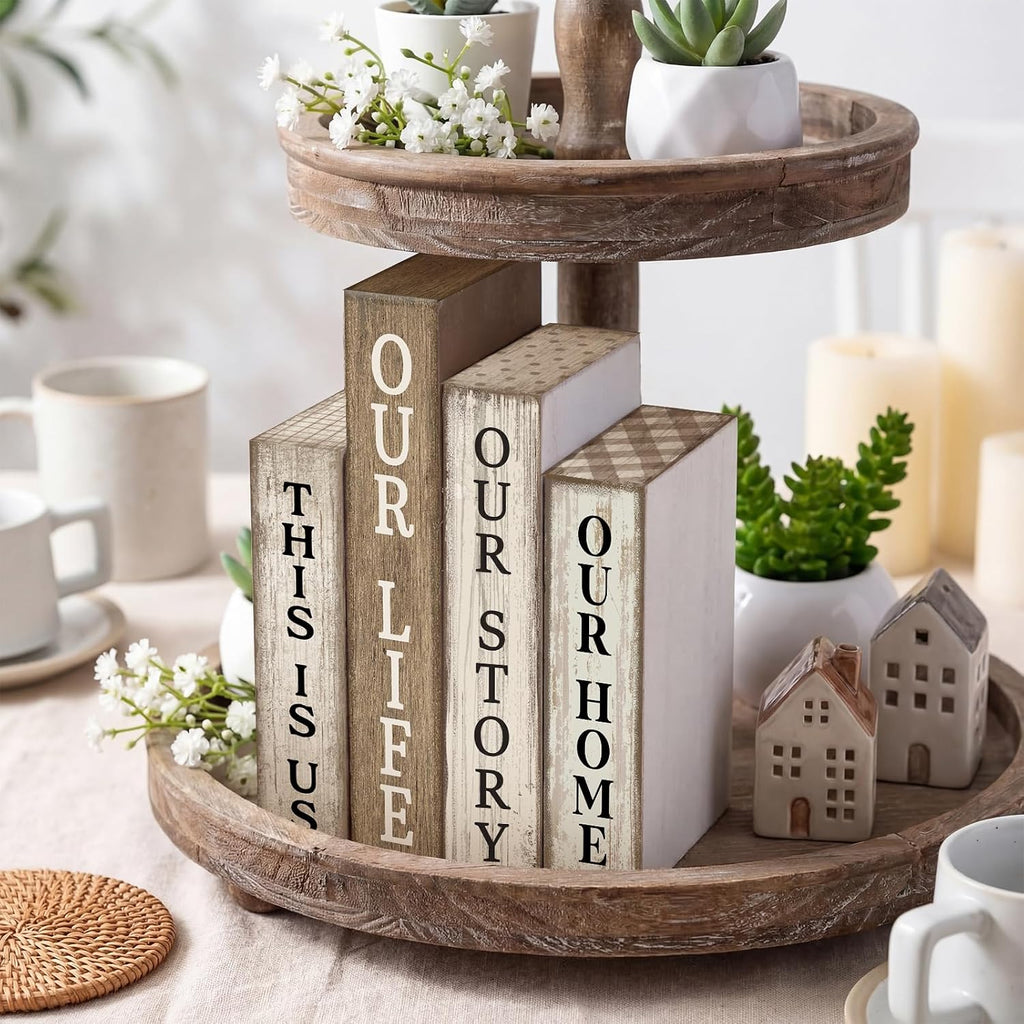 Lineshading 4 Pcs Farmhouse Table Decor Wooden Rustic Our Home Our Story Life Table Centerpiece Farmhouse Book Stack Block Sign for Tabletop Shelf Tiered Tray Desk Living Room Fireplace Home