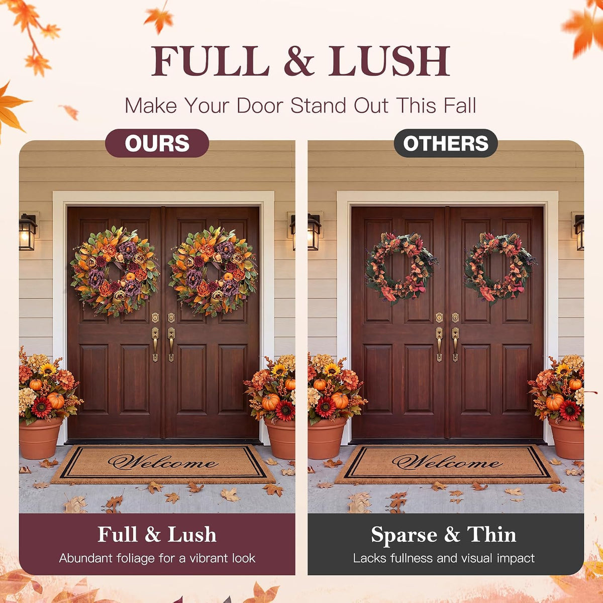 26 Inch Fall Wreath for Front Door, Large Autumn Harvest Wreath with Purple P...