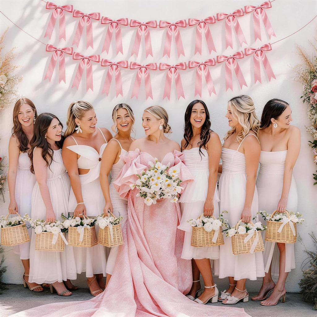 2 Strings Pink Bow Garland Banner Decorations, 16Pcs Pre-Strung Satin Ribbon with 6.7ft Chain for Girl Pink Ribbon Bow Banner Coquette Room Birthday Baby Bridal Shower Wedding Bachelorette Party Decor