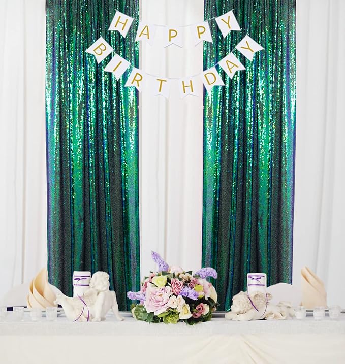 ShinyBeauty Sequin Backdrop 4 Pieces Iridescent Green Sequin Curtains Panels Photograph Backdrops Shimmer Background Christmas Birthday Party Decor Glitter Curtain (2Ftx8Ft)