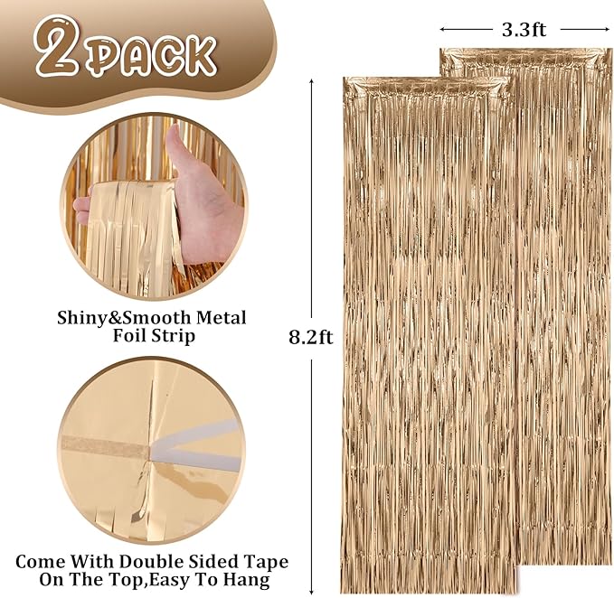 2 Pack Champagne Foil Fringe Backdrop Curtains, Tinsel Streamers Birthday Party Decorations, Fringe Backdrop for Graduation, Baby Shower, Gender Reveal, Disco Party