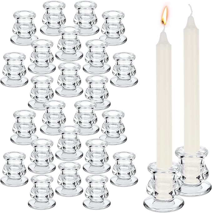 24 Pcs Candlestick Holders Glass Clear Taper Candle Holders 2.2" High Candle Stick for Wedding Centerpieces Decor Party Supplies