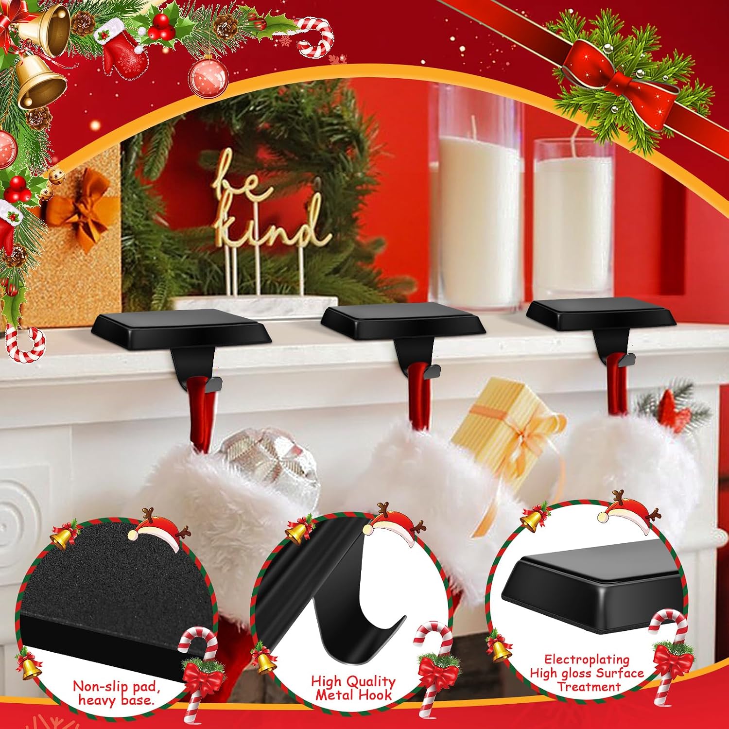 Homjoy 6 Pack Metal Christmas Stocking Holders for Mantle Heavy Duty Stocking Hangers Stocking Hook Christmas Ornaments for Counter Tables Window Fireplace Mantle Decoration (Black)