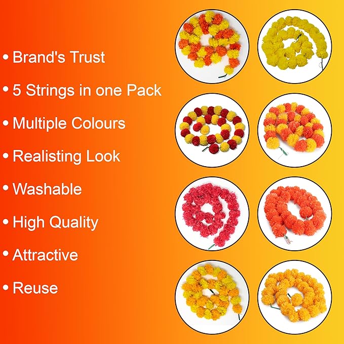 Marigold Garlands for Decorations Pack of 5 - Artificial Marigold Flowers for Decorations -Indian Decor for Pooja, Indian Flower Garland (Yellow Orange Combination | 4 to 4.5 Ft) Hashcart®