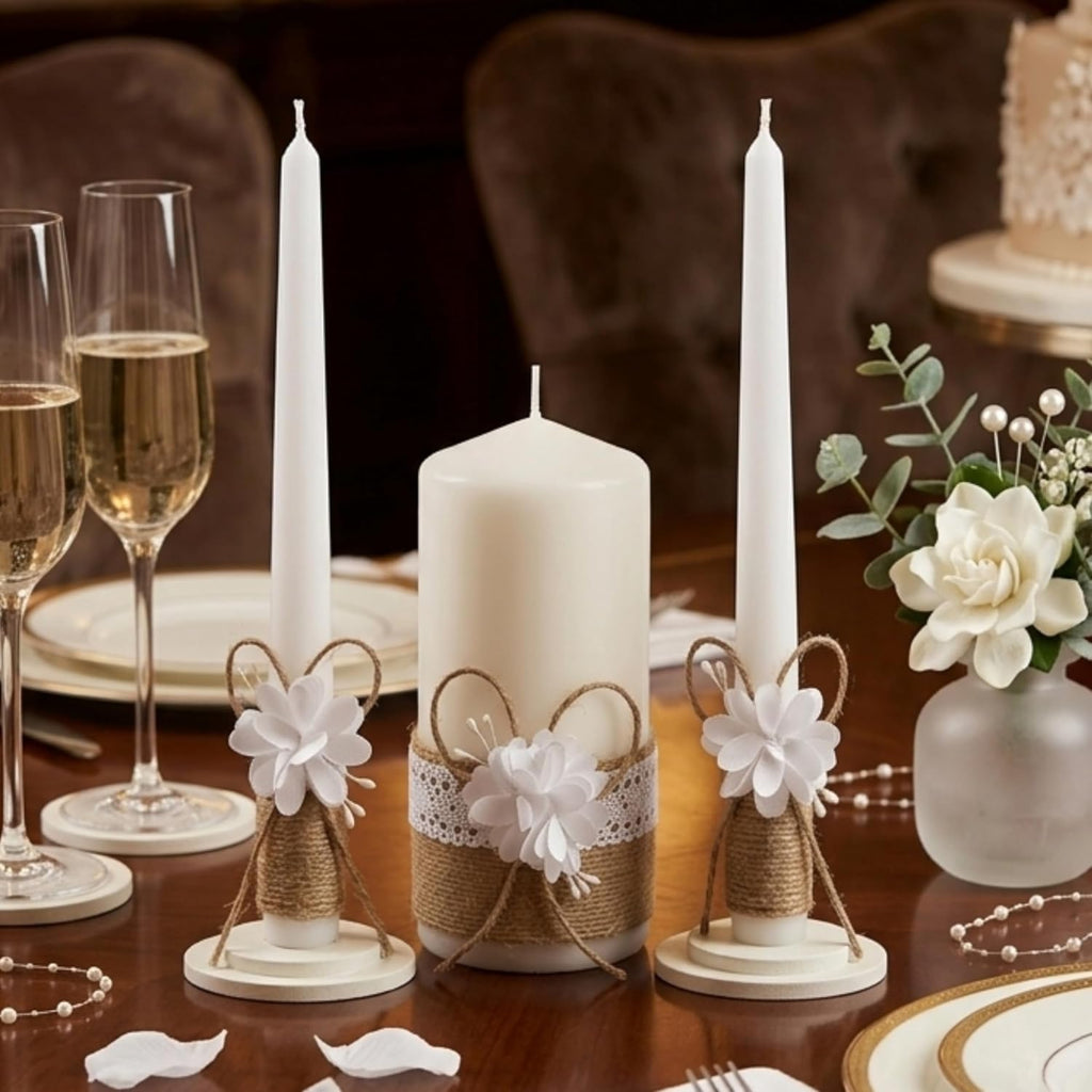 Unity Candle Set - Wedding Ceremony & Reception – 6” Pillar & Two 10” Taper Candles – Long Burning Wedding Unity Candles for Marriage Ritual – Home Decor- Handmade in USA – White | Rustic
