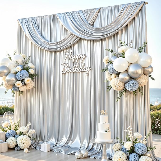 Silver Satin Backdrop Curtains 2 Panels - Glitter Photo Drapes for Baby Shower, 10x10FT Shimmer Back Drop Decor, Wrinkle Free for Birthday Party Prom Wedding Anniversary Background