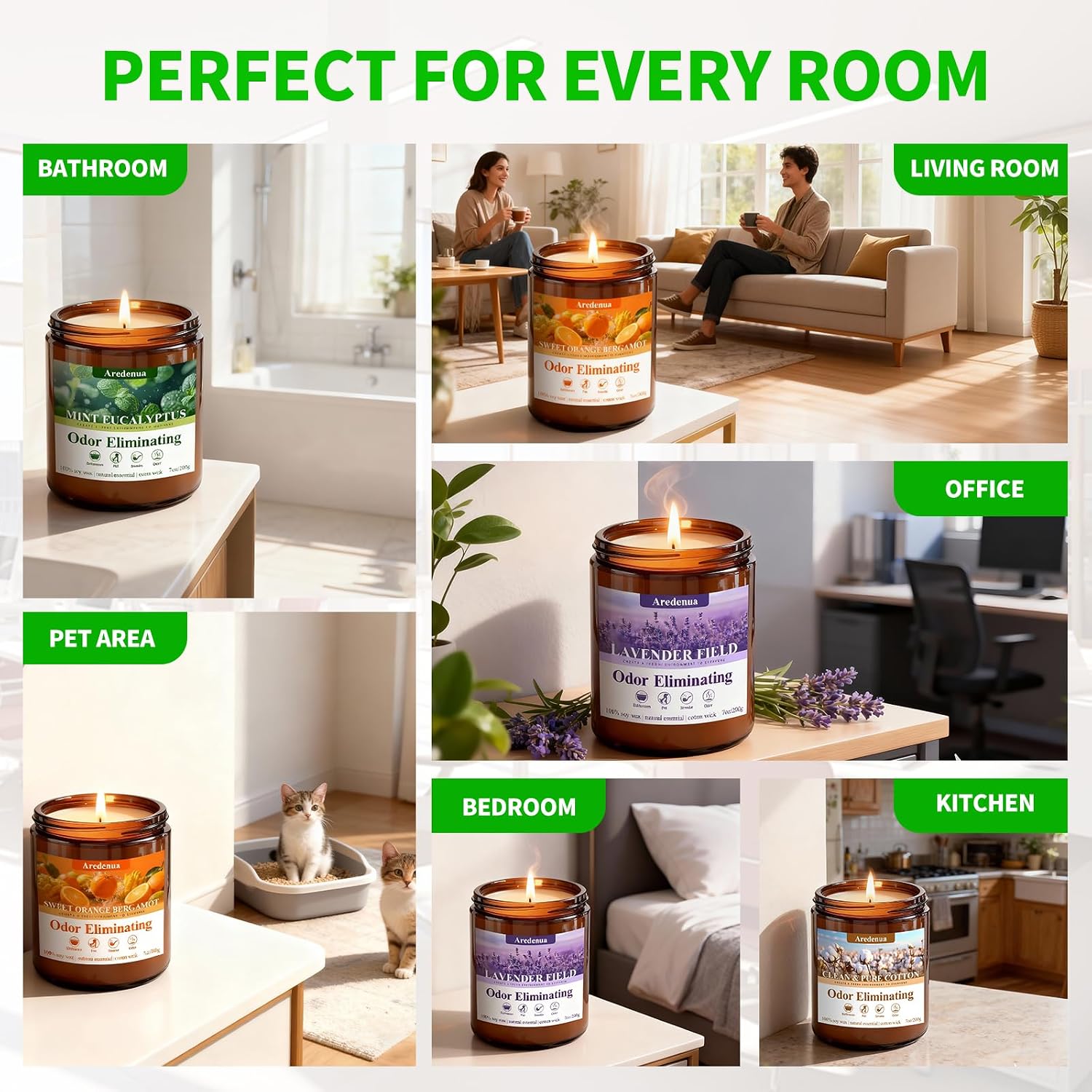 4 Pack Odor Eliminating Candles Set - Eliminates 95% of Pet, Smoke, Food, and Other Smells Quickly - Air Freshing Scent of Lavender/Orange/Mint/Cotton - 28oz Soy Candles for Home Scented, 200 Hours