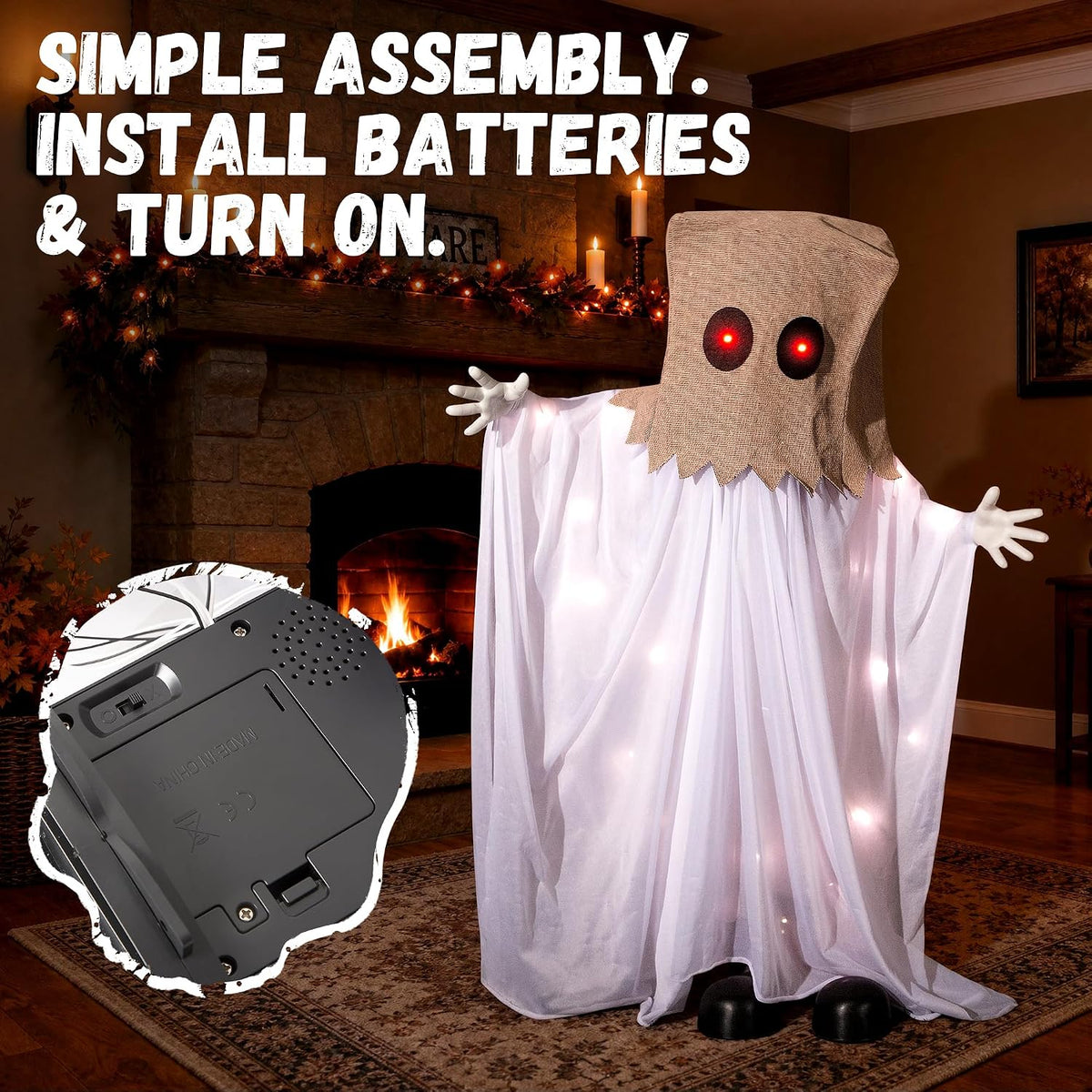 Halloween Animatronic Sack Ghost Decoration, 35" Sound Activated Scare G...