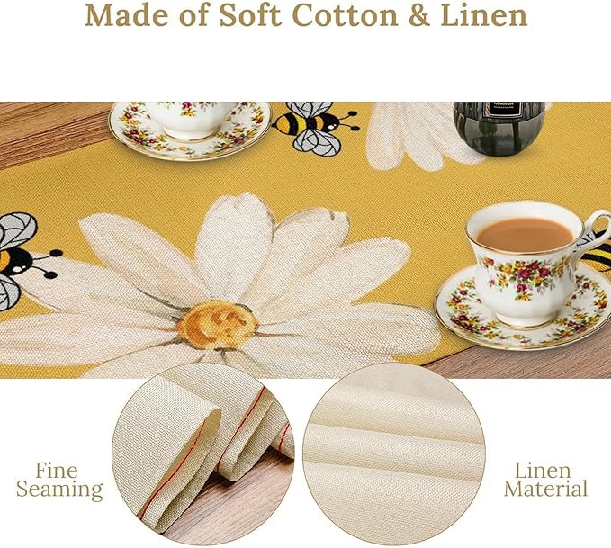 Daisy Flower Table Runner, Summer Spring Seasonal Watercolor Wildflower Yellow Bee Print Table Cover for Home Party Decor Kitchen Dining Table, 13x108inch