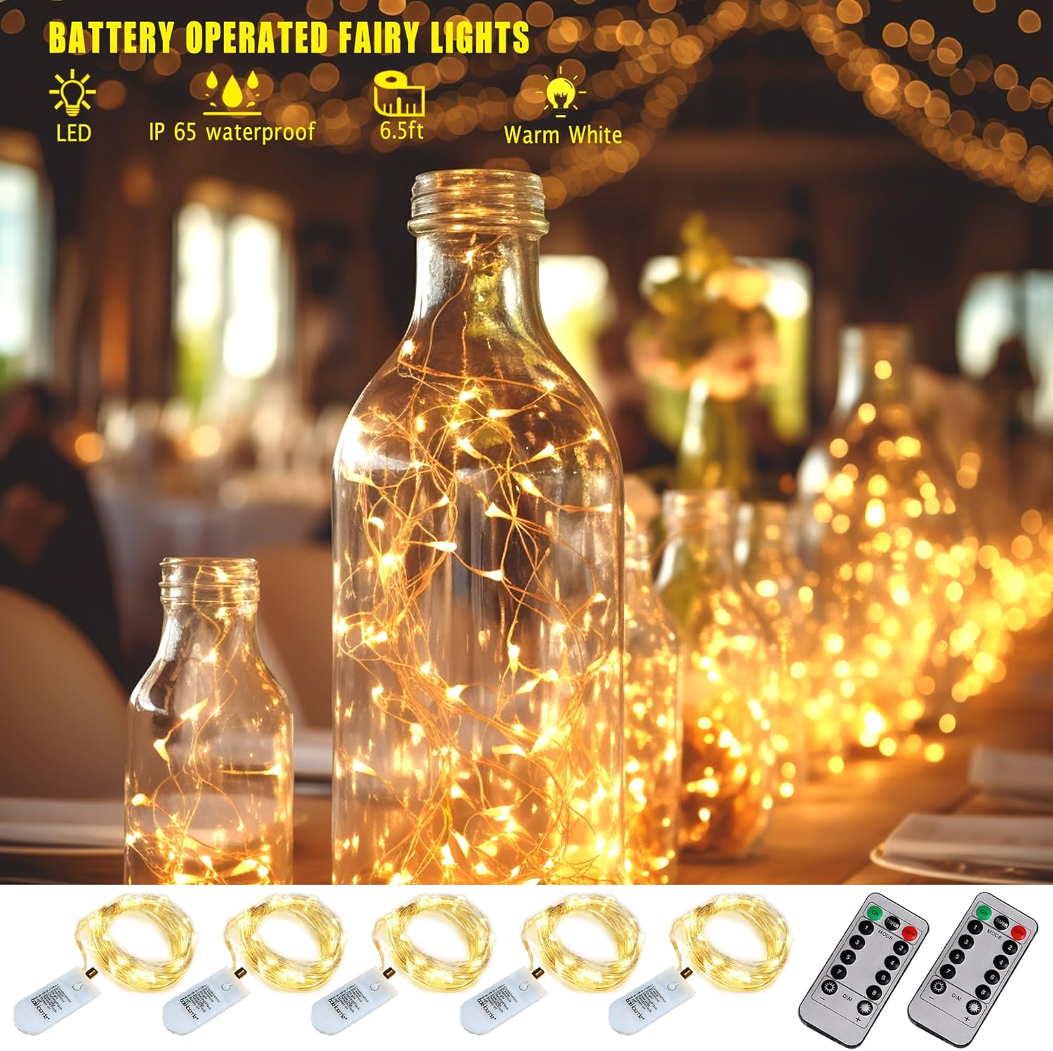 6 Pack Fairy Lights Battery Operated with Timer 2PCS Remote - 6.5ft 20LED Warm White Twinkle Lights Waterproof Silver Wire Fireflies Lights DIY Mason Jar Wedding Party Christmas Centerpiece Table Deco