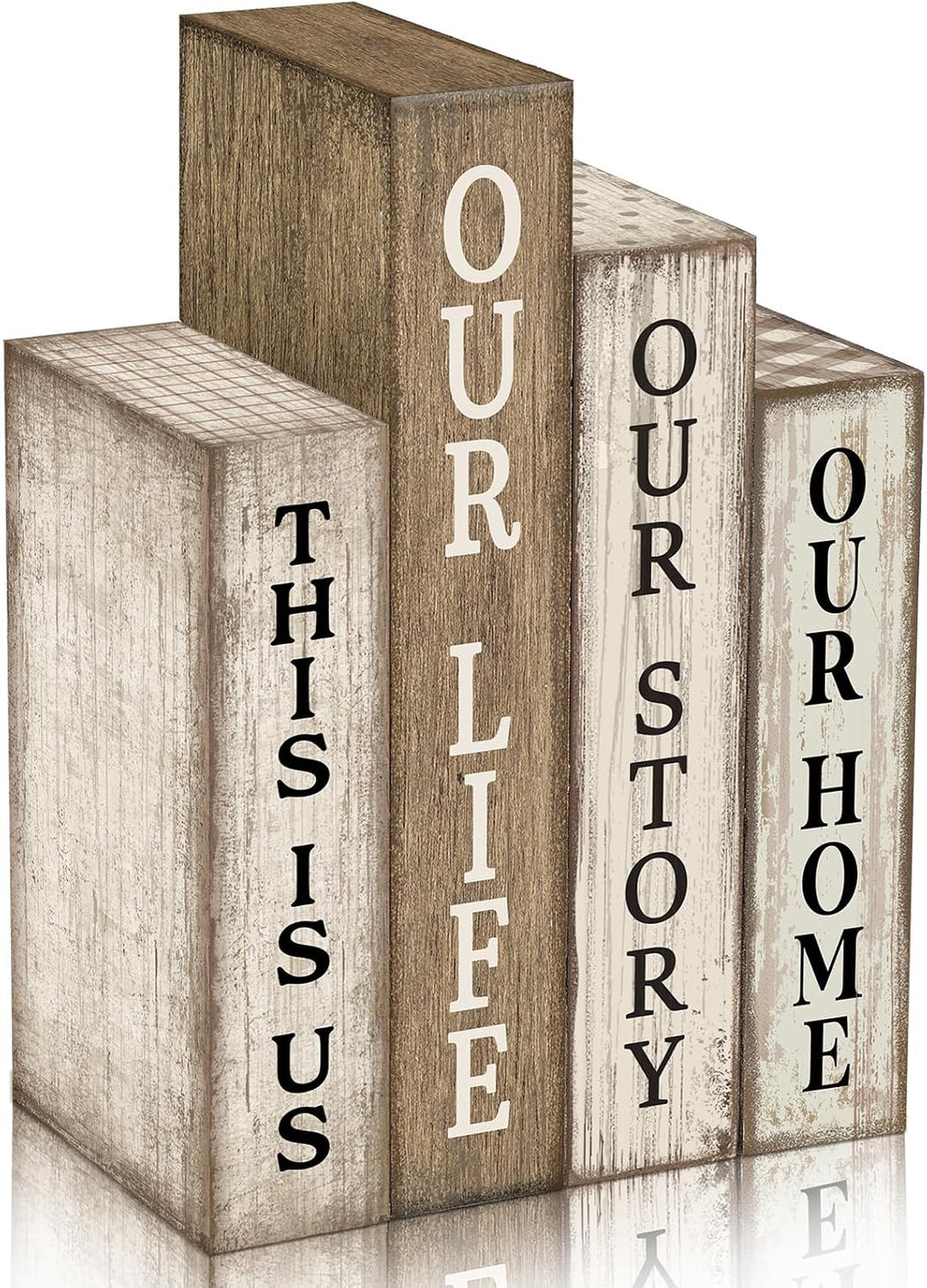 Lineshading 4 Pcs Farmhouse Table Decor Wooden Rustic Our Home Our Story Life Table Centerpiece Farmhouse Book Stack Block Sign for Tabletop Shelf Tiered Tray Desk Living Room Fireplace Home