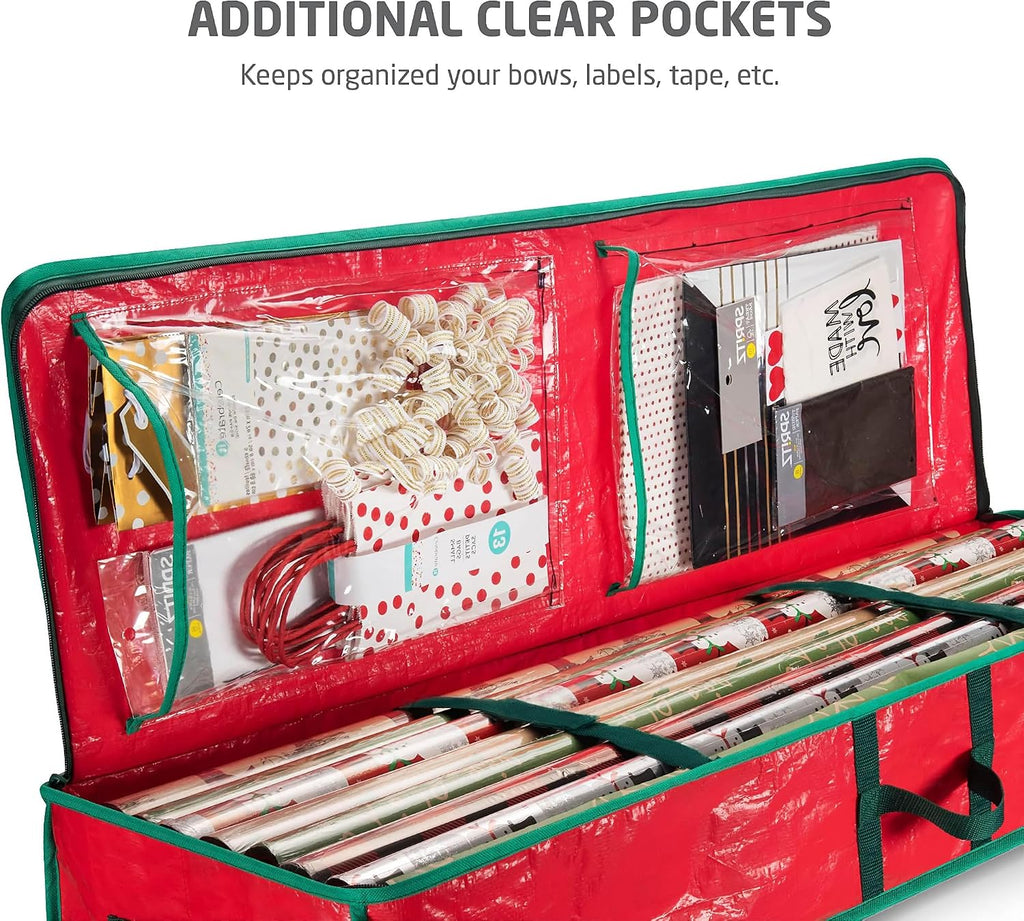 ZOBER Gift Wrapping Paper Organizer Storage - 40" Gift Wrap Storage Containers With Interior Pockets For Bows, Tags & Ribbons - Wrapping Paper Holder, Waterproof, Fits 24 Standard Rolls, Red