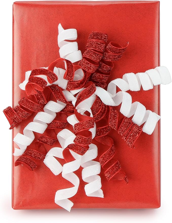 6" Metallic Glitter Red and White Self Adhesive Curly Ribbon Gift Wrap Bows for Christmas, Holiday, Birthday, Wedding, Presents, Party Favors Decorations 6-Count