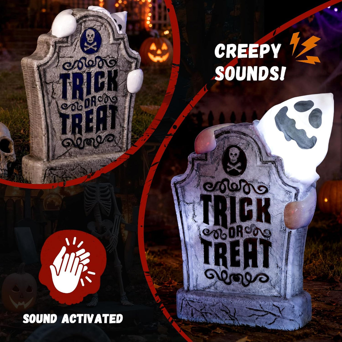 Halloween Animatronic Ghost Tombstone Decoration, Sound Activated Pop-Up Glow...