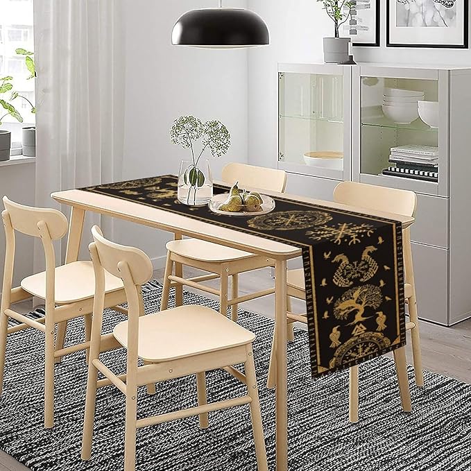 Viking Tree of Life Abstract Table Runner for Living Room Home Party Coffee Dining Party Wedding Golden Black Celtic Style Geometric Dragon Boat Rudder Ancient Script Table Runner 13x90 Inch